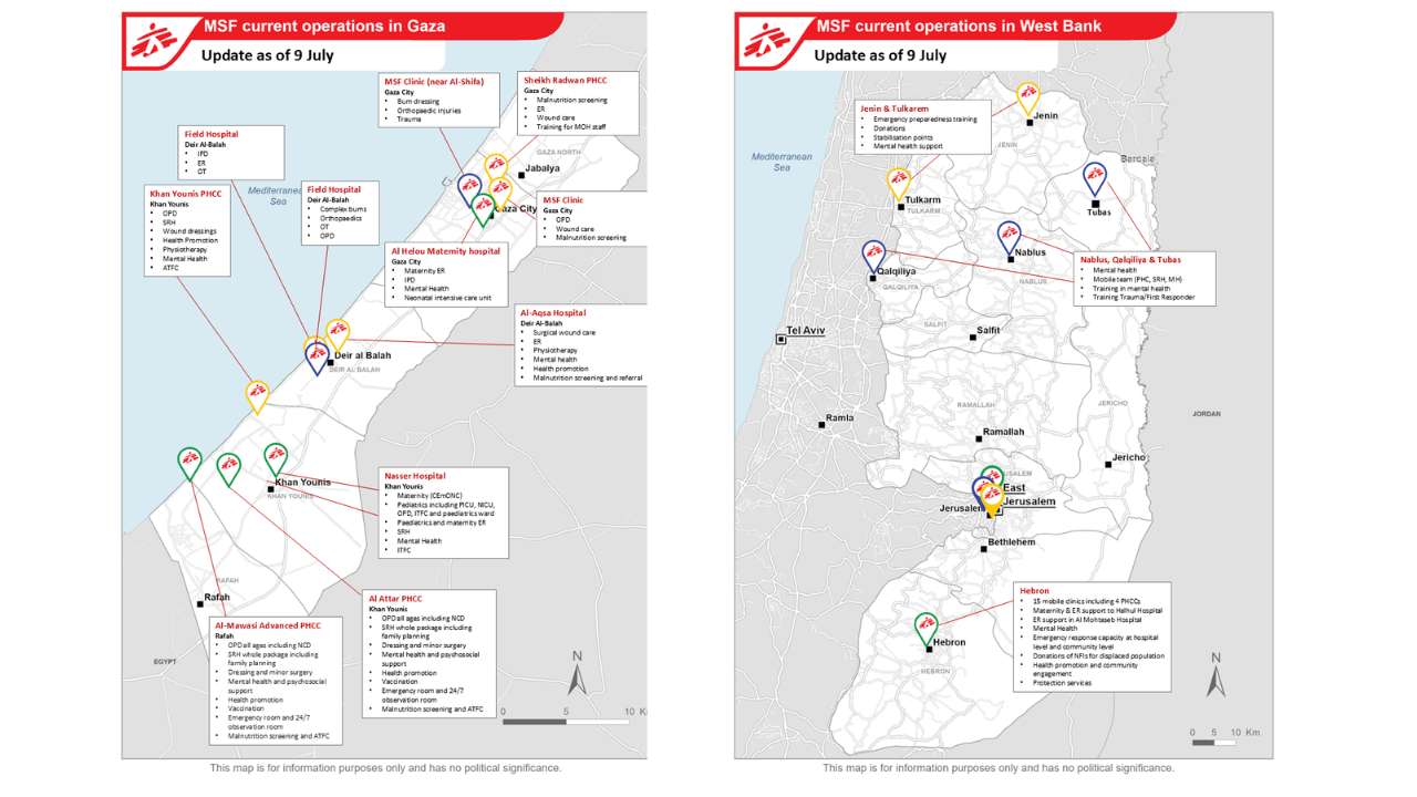 Map of MSF current reponse in Gaza and West Bank
