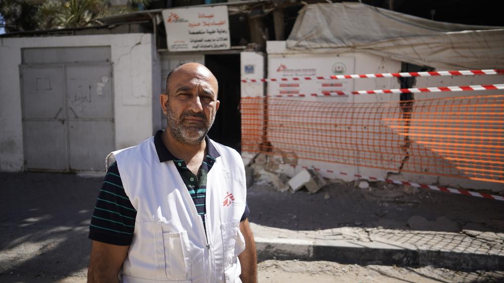 Aymen Al-Djaroucha, the project coordinator for Médecins Sans Frontières (MSF), stands in front of MSF’s clinic in Gaza after it was damaged by Israeli aerial bombardment, leaving a sterilization room unusable and a waiting area damaged. No one was injured in our clinic, but people were killed by the bombing.