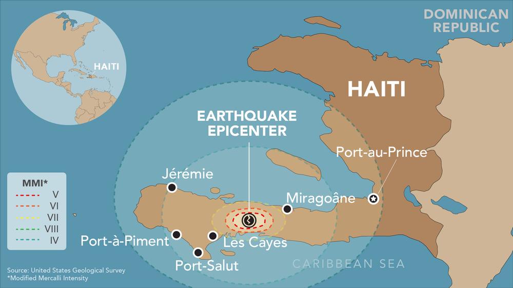 Map of August 2021 Earthquake and MSF supported areas in Haiti.
