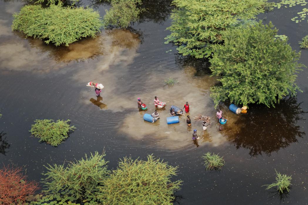 Families heading to dry land in Bentiu. 835,000 people have been directly affected by the flooding. 