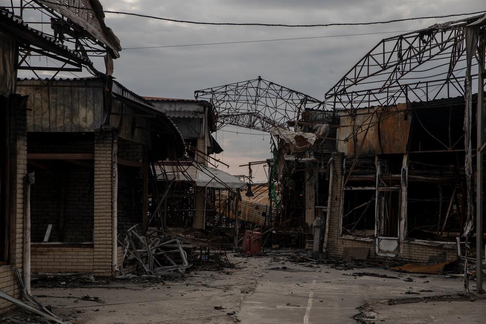 A market destroyed by a fire caused by Russian bombing in Kharkiv.