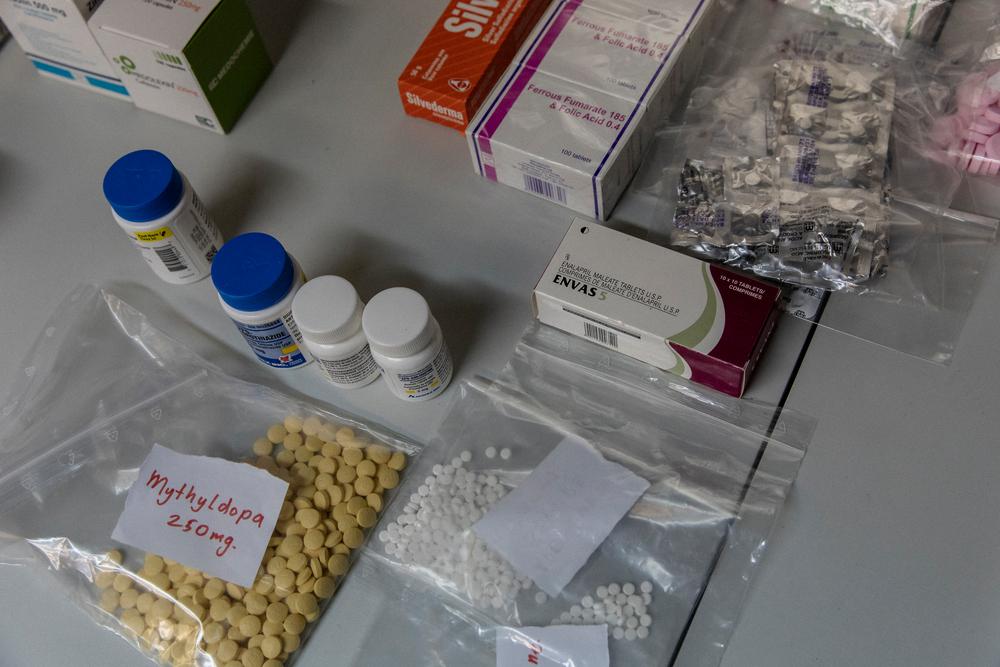 Medecine is ready to be given to patients at an MSF mobile clinic in a metro station where people hide form bombings and now live, in Kharkiv.