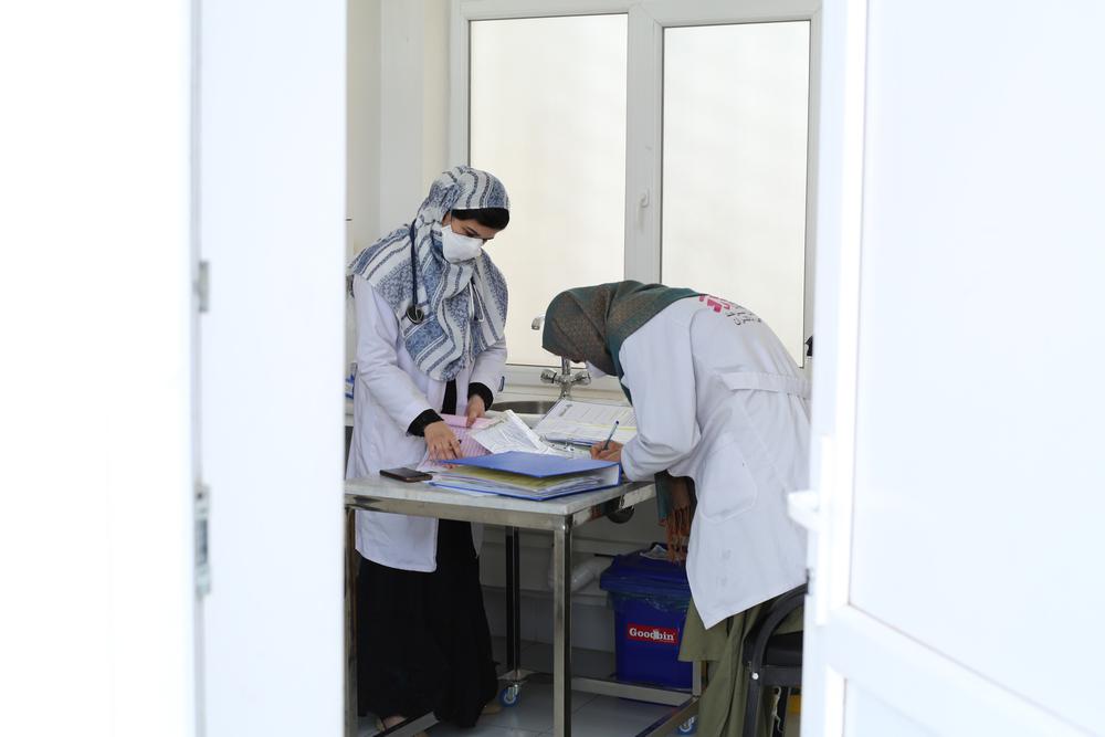 nurses in a consultation room on the women's side of the Médecins Sans Frontières (MSF) drug-resistant tuberculosis (DR-TB) hospital in Kandahar city, Kandahar Province.