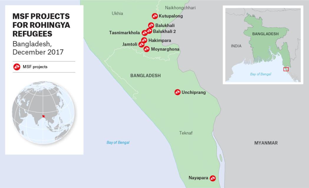 Map of Doctors Without Borders projects for Rohingya refugees in Bangladesh, December 2017