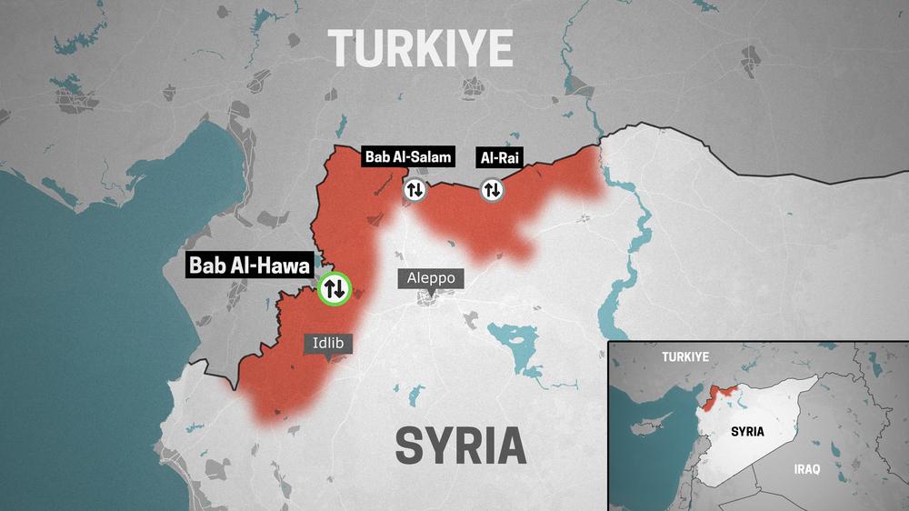 Map of crossing points for the delivery of humanitarian aid in northwest Syria.