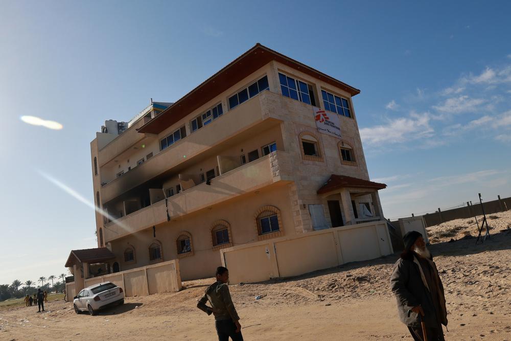 Outside of an of a Doctors Without Borders shelter in Al Mawasi, Khan Younis, Gaza after Israeli shelling hit the building.