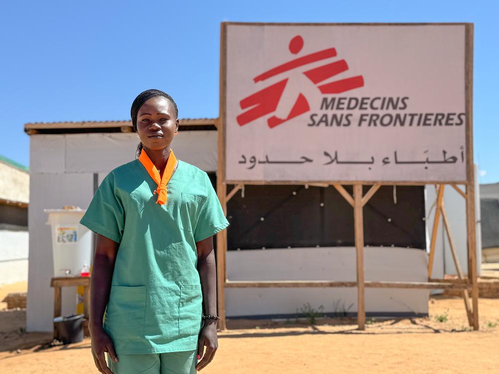 Solange Famanou Ahidjo, a 26-year-old midwife, stands in MSF maternity unit at Aboutengue camp in eastern Chad.