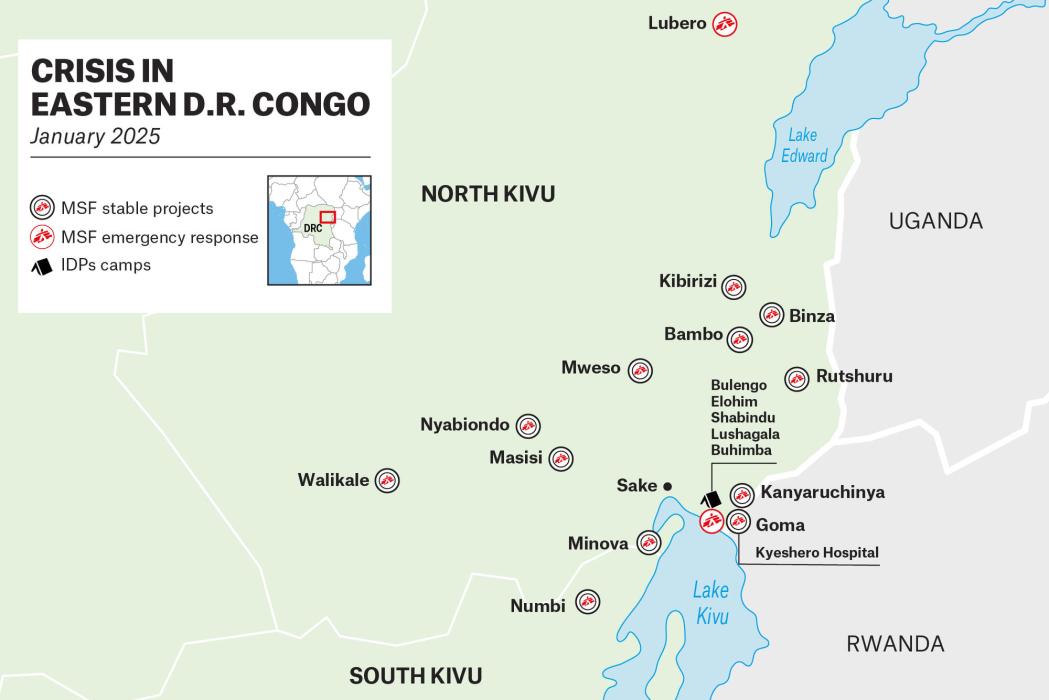 Map of MSF regular and emergency projects in North and South Kivu provinces, DRC.