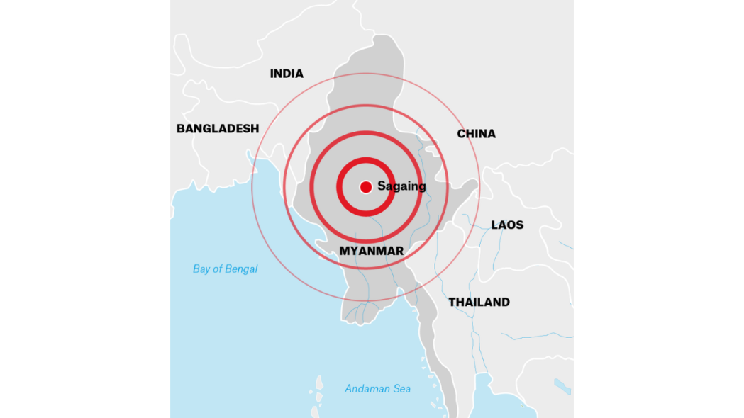 Map of the epicentre of Myanmar earthquake on 28 March 2025