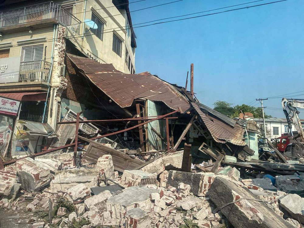 Destruction caused by the earthquake in the downtown area of Pyaw Pwe township, Myanmar