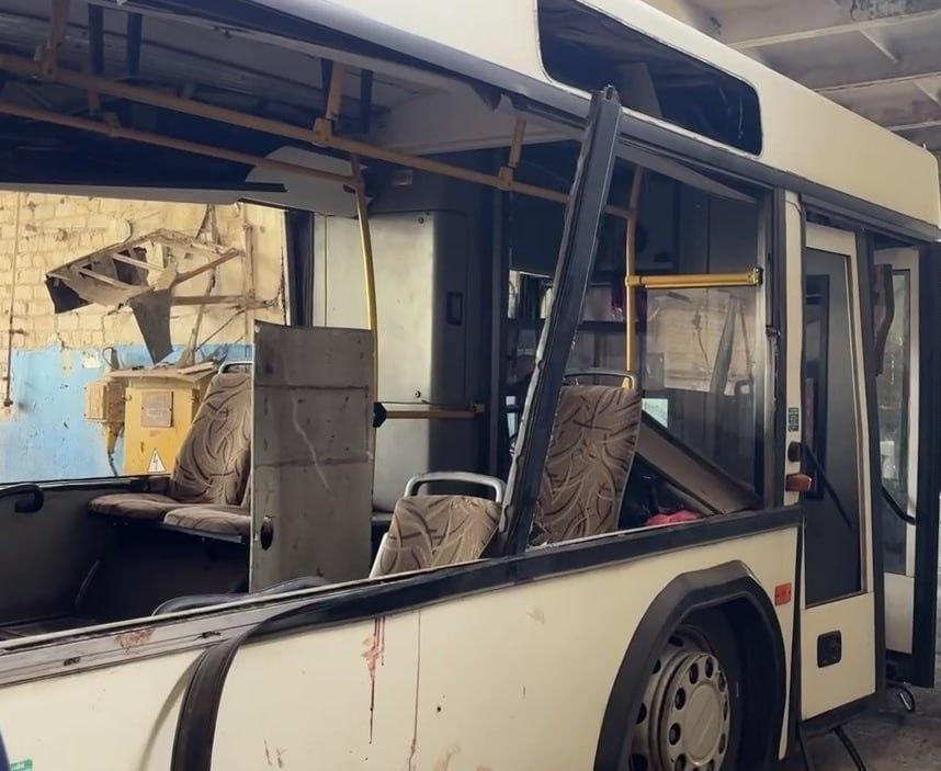A bus attacked by a drone in the Maranets region, Ukraine on April 23
