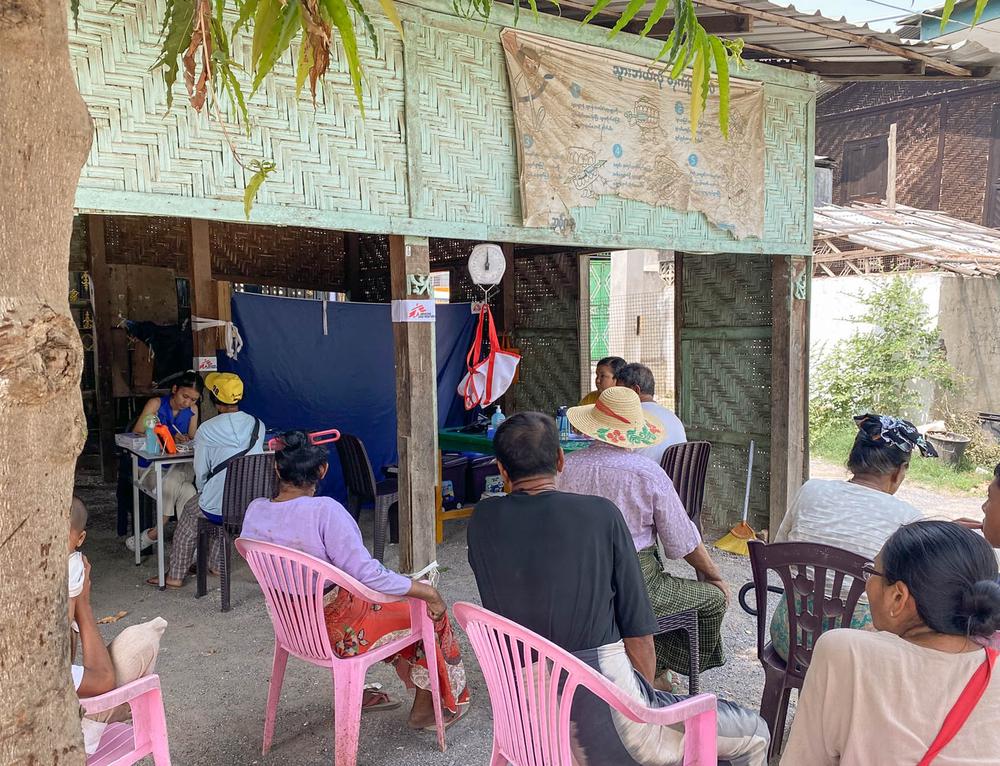 Patients wait at the mobile clinic in Bhone Oh camp, Mandalay, where teams offer medical consultations for non-communicable diseases and mental health.